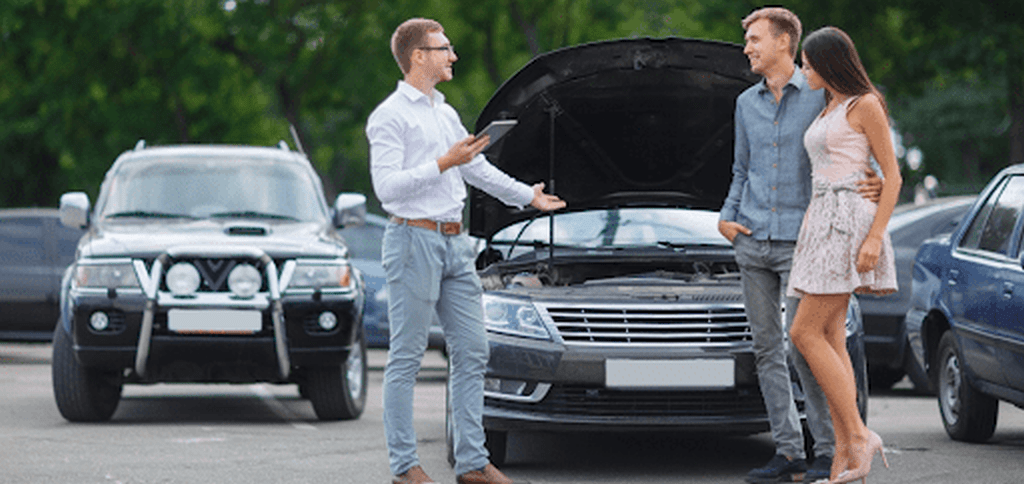 Salesman with customers